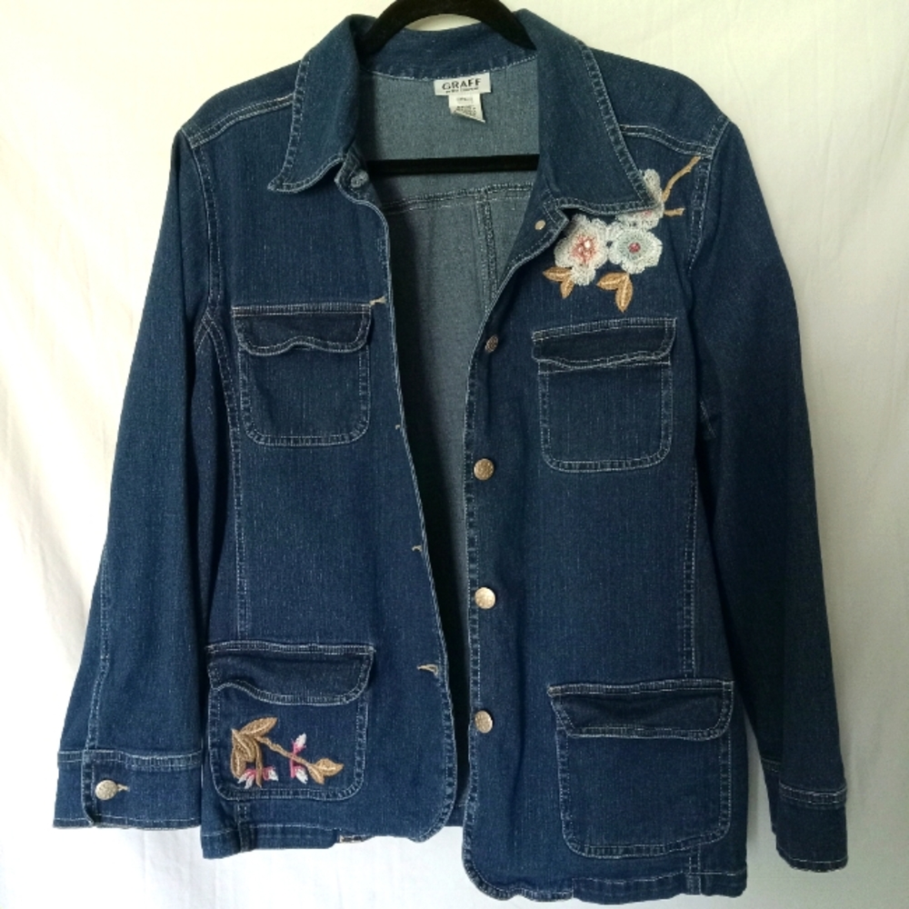 Women's PL Graff By UM Company Flowers and Pearls Denim Jacket